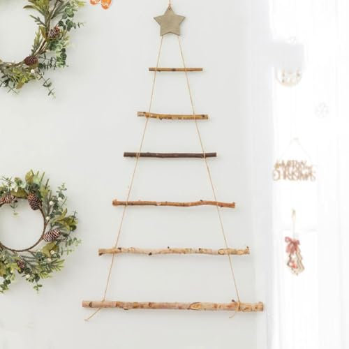 LQQDREX Árbol de escalera de madera con estrella para colgar en la pared, decoración de escalera de árbol de Navidad, adornos colgantes de madera, escalera de ramas de madera, adorno colgante de árbol