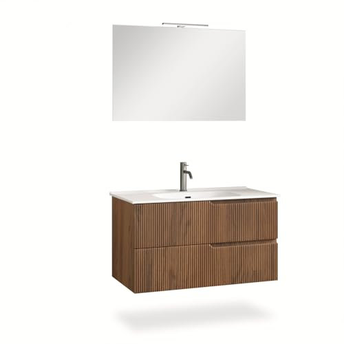 AQA DESIGN Composizione Bagno Sospesa 4 Pezzi VENERE Finitura Rovere - pensile bagno Mobile Lavabo Ceramica, Specchio LED, Cassetti Soft Close - Made in Italy 101x46,5x190