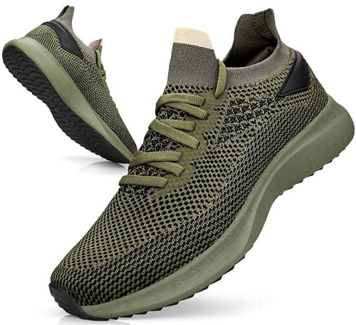 Giniros Sneaker Herren Laufschuhe Sportschuhe Slip on Turnschuhe Joggingschuhe Atmungsaktiv Leichtgewichts Fashion Walkingschuhe Outdoor Fitness Jogging Grün 43EU