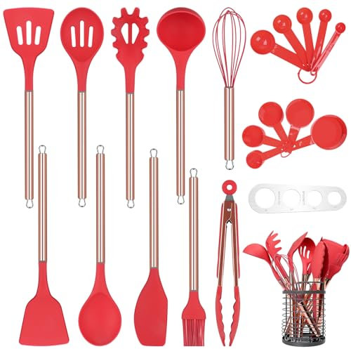 Arquiel Ensemble D'Ustensiles De Cuisine, 22 Kit Ustensiles De Cuisine En Silicone Pour Set D'Accessoires De Cuisine, Spatules RéSistantes à La Chaleur, Support En Acier Inoxydable De Cuisine (Rouge)