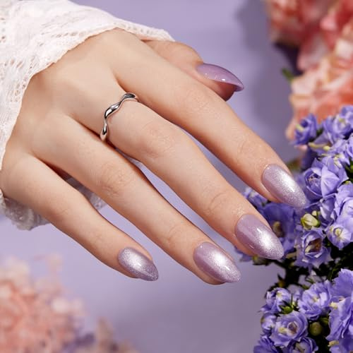 VSALON Press On Nails Short Almond-Lila Katzenaugen-Glitzer-Hologramm-Nagelset, wiederverwendbare, deckende, weiche Gel-Kleber-Kunstnägel mit Kleber und Nagelhautöl - 32 Stück in 16 Größen