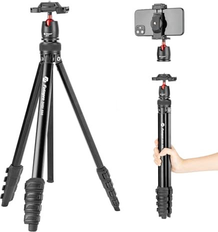 Fotopro 64” Camera Tripod, 2-in-1 Compact Phone Tripod with Hidden Cold Shoe Phone Clip, Portable Travel Tripod with Fluid Video Head, 1.5lbs Lightweight Aluminum Tripods Max Load 6.6lbs
