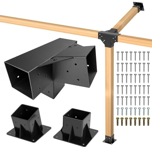 15° Lean Pergola Kit 4x4(Inner 3.64x3.64), 4-Way Slanted Pergola Roof Bracket, Post Base-Angled 4x4 Wood Post Bracket-DIY Gazebo Brackets-Hardware Kit for Outdoor Wood Beam Post Sunroom Carport Cabin