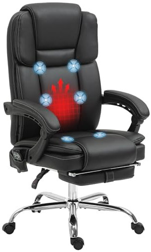 Vinsetto Bürostuhl mit Massagefunktion Ergonomischer Chefsessel mit Heizfunktion, Liegefunktion, Fußstütze Höhenverstellbar 360° Drehbar Computerstuhl mit Seitentasche, Kunstleder, Schwarz
