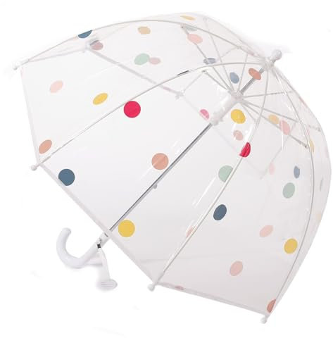 Kinder Regenschirm Kinder mit Kuppeldach Leichtes Niedliches Lustiges Design, Wind- und Regenschutzschirm,Stockschirm in Glockenform Transparent - Geschenke für Kinder (Weiße Punkt)