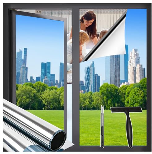 Sevenpers One Way Window Film, Heat Reducing UV Blocking Anti Glare Reflective Window Film Mirror Effect Privacy Film for Glass Windows with Tools for Home and Office, Silver 30x200cm