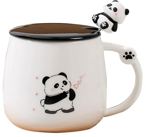 Panda Taza Regalo Taza Infantil - Taza de Cerámica con Tapa Cuchara de Acero Inoxidable, Taza de Café Taza de Té Regalos Divertidos para Mujeres Lindas Tazas Lindas Amigo