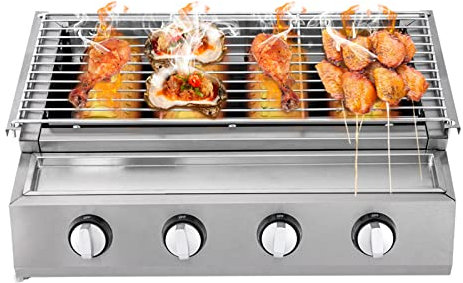 Barbecue a gas a 4 fuochi, 58 x 40 x 20 cm, portatile in acciaio inox, con contenitore di raccolta dell'olio, barbecue da campeggio per giardino, terrazza e balcone