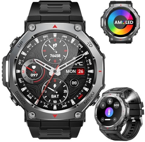 Montre Connectée Homme Lampe UV: 1.43 AMOLED Ronde Écran Smartwatch avec Lampe Torche LED Haute Luminosité Fitness Tracker 100+ Sports Modes Résistance à l'eau 5ATM Smart Watch pour Android et iOS