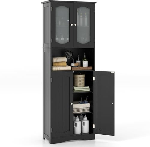 COSTWAY Meuble de Salle de Bain à 4 Portes et 1 Grand Compartiment Ouverte, Armoire Haute avec Porte en Verre Dépoli, Colonne Salle de Bain, pour Salon, Cuisine, 30 x 60 x 164 cm, Noir