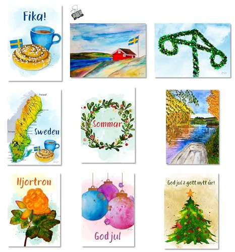 AnneSvea Schweden Poster Set – 9 Aquarell Kunstdrucke DIN A5 – Fika, Midsommar, Schwedenhaus, Winter & Sommer Motive – Wanddeko & Geschenk für Schwedenfans