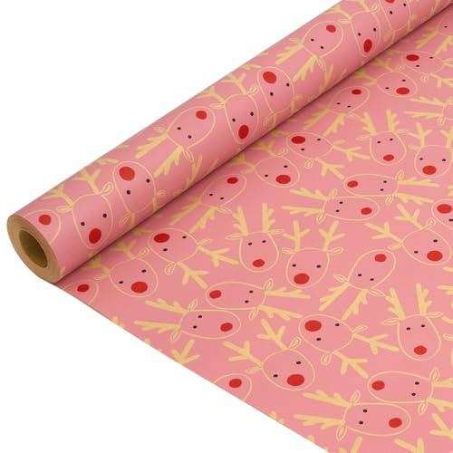 Weihnachtliches Kraftpapier-Geschenkpapier: Recycelbare Geschenkpapierrolle mit rosa Rentierkopf-Motiv für Weihnachten, Geburtstag und Thanksgiving – 43 cm x 15 m