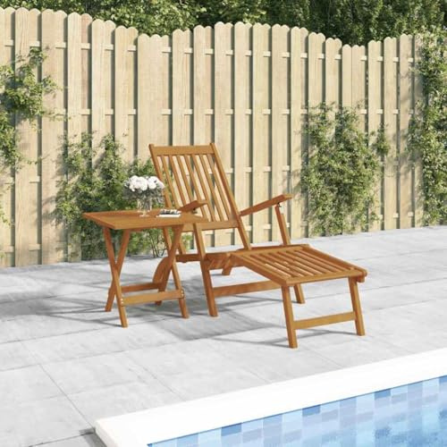QUAHEAS Gartenliege mit Fußteil und Tisch, Massivholz Akazie geölt, klappbar, verstellbare Rückenlehne, 110 kg Tragkraft, für Garten, Terrasse, Balkon