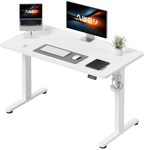 AWEV Electric Standing Desk 120 x 60cm Height Adjustable Desk, Splice Board | Sit Stand Table with Backpack Hook and Memory Smart Pannel, 73-118cm, Easy Assembly, for Home & Office, 70kg Load, White