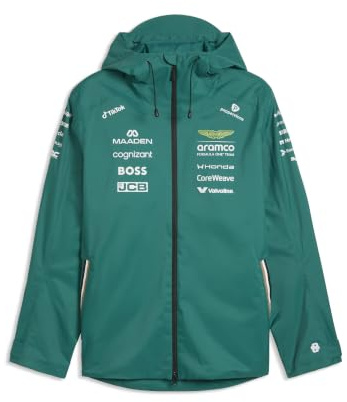 PUMA Aston Martin F1 2026 Herren Team-Regenjacke – Grün | Alle neuesten Team- und Partnerlogos, Offizielle lizenzierte Replica-Sammlung, Unisex-Normalpassform