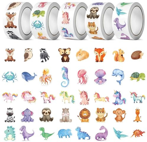 Dwitkul 2500 Stück Sticker Tiere Aufkleber Kinder Belohnungssticker Tiersticker Animal Sticker Rolle Reward Tieraufkleber Grundschule Lehrerbedarf for DIY Scrapbooking Skateboard Gepäck Laptop (2,5cm)