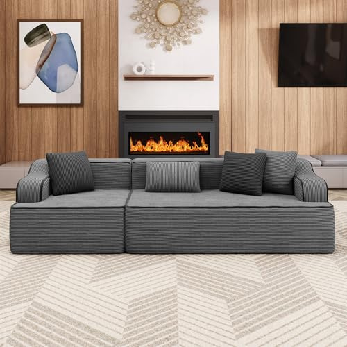 ALPHA HOME Sofa mit Schlaffunktion, 3 Sitzer Boneless Couch | Modulares Sofa mit 4 Zierkissen für das Wohnzimmer, Montagefrei, Cord, Grau