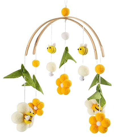 Mobile Baby Windspiele mit Filzbällen - Frische Blumen und Bienen, Kinderzimmer Hängende Bettglocke, für Babybett Wickeltisch Deko (Gelb)