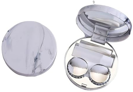 Marble Round Contact Lens Case, Plastic, with Mirror, Double Compartment, Solution Bottle and Applicator Stick, 7.6x7.6x3cm (Silver)