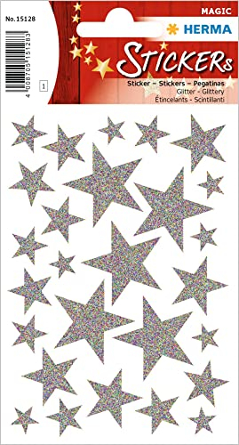 HERMA 15128 Aufkleber Sterne Glitzer Silber, 27 Stück, Stern Sticker aus Folie, Weihnachtssticker Sternaufkleber für Weihnachten Geschenke Adventskalender Dekoration Kinder Belohnung DIY Basteln