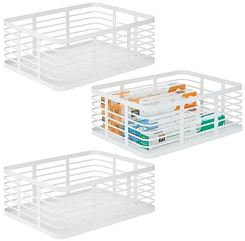 mDesign 3er-Set Allzweckkorb aus Metall – Aufbewahrungskorb für Küche, Vorratskammer, Badezimmer etc. – kompakter und universeller Drahtkorb – weiß