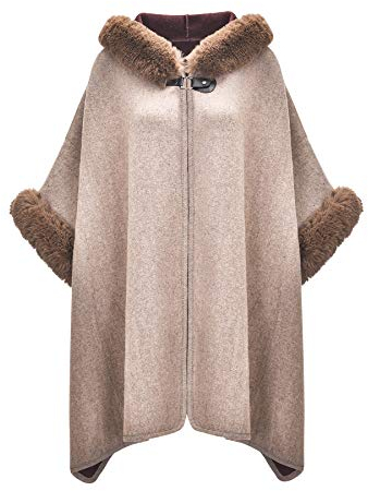 ZLYC Damen Winter Umhang Strickjacke Warm Kunstpelz Mäntel Poncho Cape mit Kapuze (Beige),Einheitsgröße