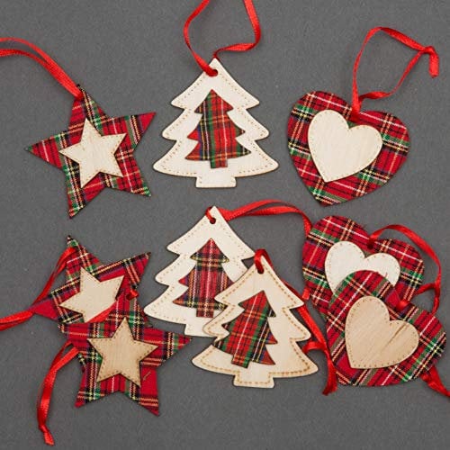 SHATCHI Ornamenti per albero di Natale in legno estetico da appendere, set di 9 pezzi decorazioni natalizie fai da te per la casa – 3 stelle, 3 cuori, 3 pezzi a forma di albero (8 cm)