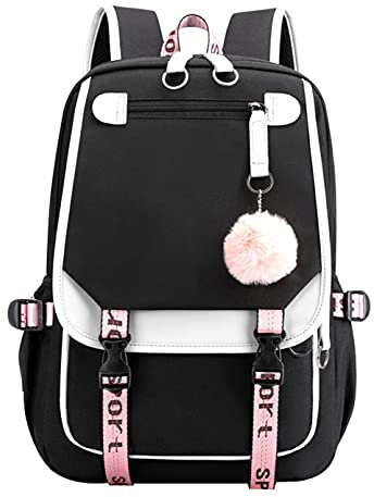 SellerFun Teenage girls' Backpack Middle School Students Bookbag Outdoor Daypack With USB charge Port (4# White Black, 21 Liters)
