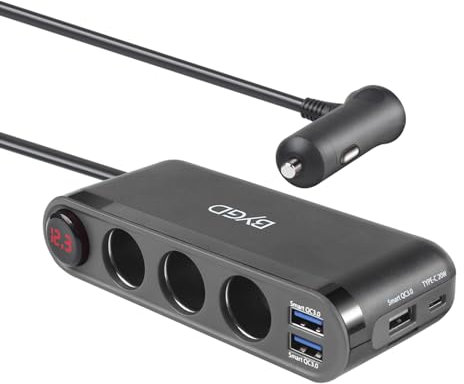 BYGD 12V/24V Adaptateur Allume Cigare, 18W QC 3.0 Prise Allume Cigare USB, avec 3 Ports USB + Type C Prises Chargeur de Voiture et 3 Allume Cigare Prises et Affichage de la Tension à LED.