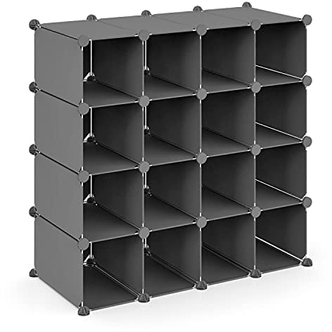 Vinsani Interlocking 16 Section Multi-Purpose Cube Shoe Rack Organiser with Back Panels Configurable Storage and Display Stand and Holder with Space for 16 Pairs of Shoes Boots Trainers (Grey)