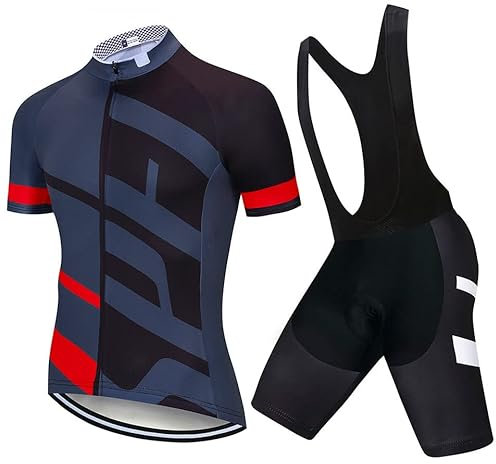 GodUp Herren Fahrradtrikot Set schnell trocknendes Radtrikot kurzarm mit Sitzpolster atmungsaktives Shirt + Trägerhose/ Radlerhose für Radsport S-2XL,Schwarzgrau mit Träger,L
