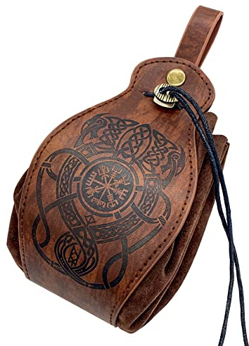 Mittelalterliche Vintage Gürteltasche, Wikinger-Leder-Fanny-Pack, Leder-Kordelzug-Geldbörse, Geldbörse mit Kompassprägung, braune Drachentotem-Gürteltasche, tragbare Geldbörse mit Kordelzug