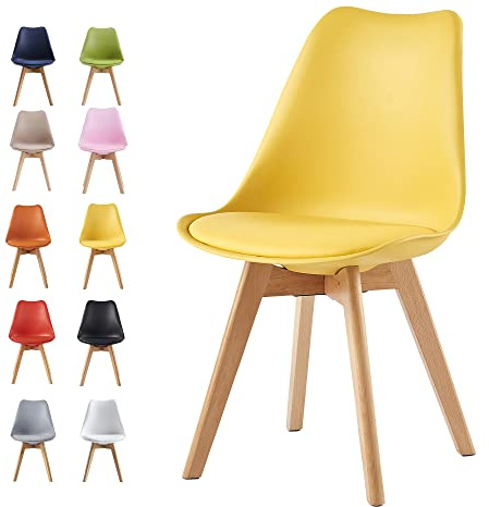 mcc direct Dining Chairs Wooden Legs Soft Cushion Pad Stylish DELUXE Retro Lounge Dining Office EVA (Yellow)