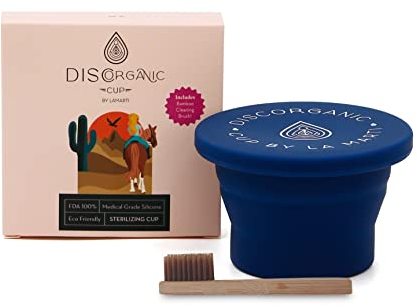 DiscOrganic Sterilizer Cup by LaMarti| Multi-Use Container for Menstrual Cup/Disc/Kegel| Public Restroom Cleaning or Travel Sterilizer| Collapsible Silicone Cleaner Case, with Bamboo Brush <3