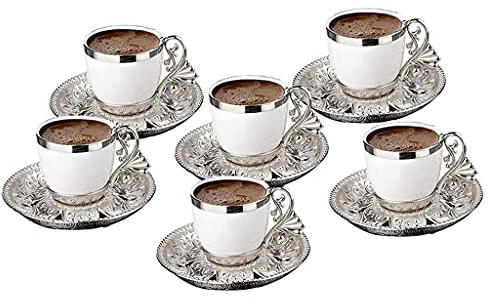 Ensemble de soucoupes à café Turc pour 6 Personnes en Porcelaine 4 OZ café Expresso Femmes Hommes Cadeau Pendaison de crémaillère Anniversaire Mariage (Color : Silver)