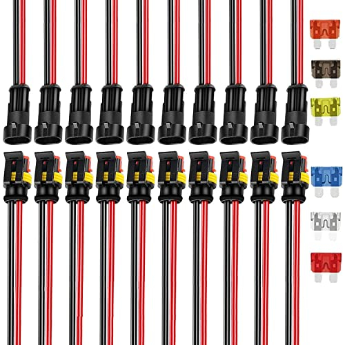 VISSQH 10 Kits Imperméable à l'eau Connecteur 12V Voiture,Connecteurs Electriques DC 12V, 2 Pin Connecteurs de Fil Électrique,Électrique Prise Mâle et Femelle, pour voiture, moto, scooter
