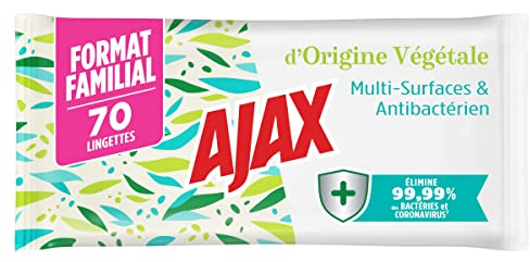 AJAX Lingettes Végétales Désinfectantes Multi-Surfaces Biodégradables -Compostables - Sans Rinçage, 70 Unités
