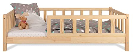 Kinderbett Bett mit Rausfallschutz 90x140cm Latternost Bettgestell aus Kiefer Holz für Haus Kinder Jungen & Mädchen - Holzbett Baby Kinderzimmer Junge Deko