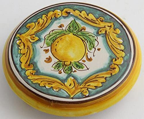 Porta caffettiera in ceramica siciliana giallo e verde di santo stefano di camastra decorata a mano Limoni Art 20