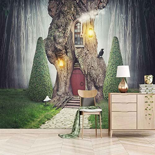 Papier Peint 3D Mural Cabane Dans Les Arbres Dessin Animé De La Cabane Dans Les Arbres Photo Peintures Murales 3D Auto-Adhésif Stickers Muraux Effet Décoration Papier Peint Garçons Fil 400(L)x280(H)cm