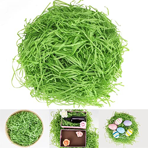yumcute 200g Herbe de Paques Papier Déchiqueté, Vert Papier Dechicter Emballage Vert pour Décoration de Fête de Thème de Pâques, Remplisseurs pour Paniers de Pâques et Coffrets Cadeaux
