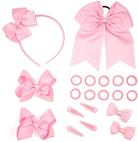 Bekecidi 20-teiliges Haarschmuck-Set mit Schleife, Haarnadel, Schleife, Haarspangen, Gummiband, Schleife, Stirnband, Schleifen, Band für Mädchen und Kinder (Rosa)