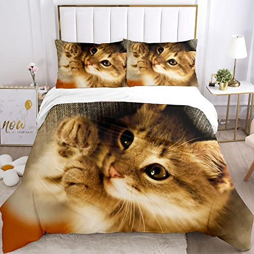 JEFFEL Katze Bettwäsche Set 200 x 200 cm, Tiermotiv, Kinderbettwäsche, Cat Muster Bettbezug 3D Haustier Katze Bettbezug Set, mit Bettbezug und Kissenbezug (200 x 200 cm, Katze-4)