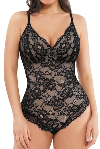 Popilush Shapewear Bodysuit V Neck Tummy Control Backless Lace Tank Tops Sleeveless Thong Bodysuit