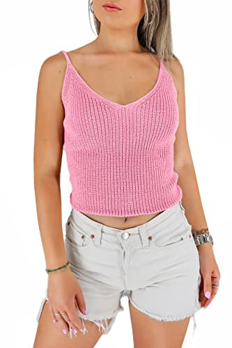 JOPHY & CO. Top Crop en tricot femme à épaule étroite col V élastique (cod. 1501), rose fluo, X-Large