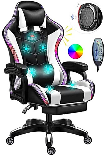 Gaming Chair with Bluetooth Speakers and RGB LED Lights, PU Leather High Back Computer Chair, Adjustable Reclining Racing Office Swivel Chair for Adult Teens,White