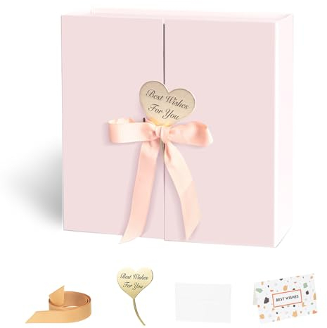 CHARMGIFTBOX Rosa Geschenkbox, 22 x 21 x 6,5cm,1 Stück Geschenkbox mit Deckel und Premium-Band zum Verpacken von Hochzeiten und Geburtstagsgeschenken, Karton mit Doppeltür-Design
