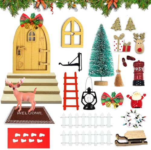 Kit Lutin Farceur de Noël Miniature,28 Pièces Porte Lutin Farceur de Noel,Kit Porte Lutin de Noël,Mini Lutin de Porte en Bois,Accessoires de Porte de Lutin