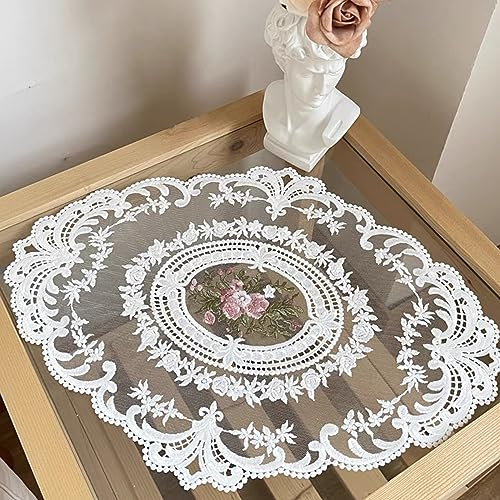 2 x ovale Retro-Spitzen-Tischsets, exquisite französische Blume, bestickte Deckchen, Tassenmatte, Vasenmatte (30,5 x 40,6 cm, weiß)