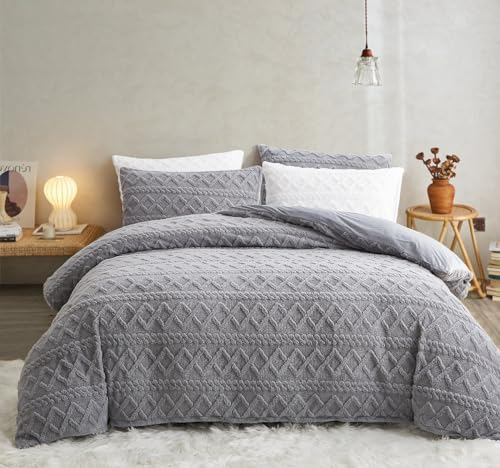 Sedefen Flauschig Bettwäsche 155x220 cm Grau Biber Flanell Fleece Geometrischmuster Cashmere Touch Winterbettwäsche Warme Bettbezug und 1 Kissenbezug 80x80cm mit Reißverschluss